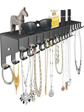 Wall-Mounted Jewelry Organizer with 56 Hooks & Tray - Necklace, Earring & Key